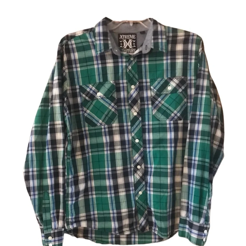 Extreme Couture Plaid Long Sleeve Button Down Shirt Skater Size Large